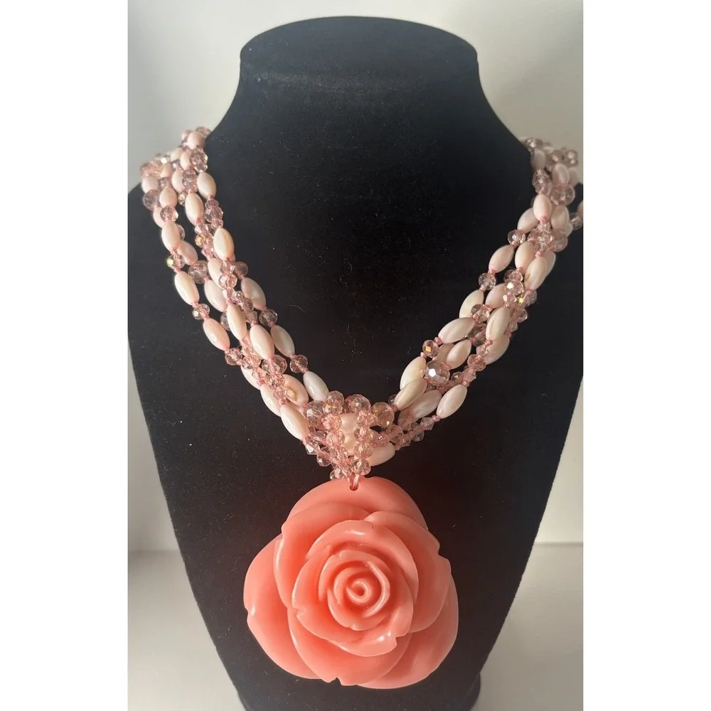 Vintage Pink Glass Bead Necklace Large Pink Rose Resin Pendant Statement 24